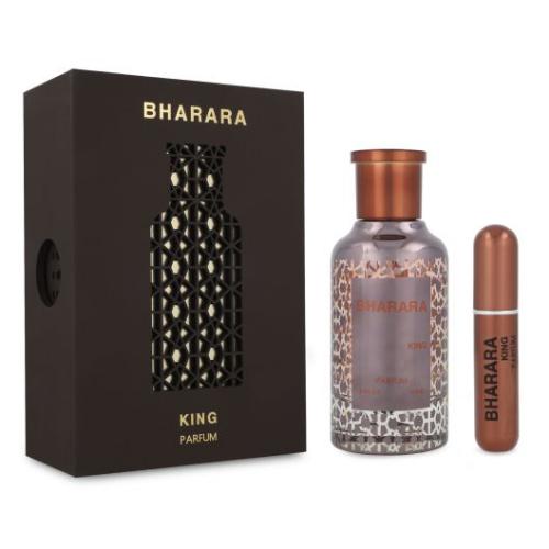 Bharara King Parfum set with black box, glass bottle with copper cap, and travel spray atomizer