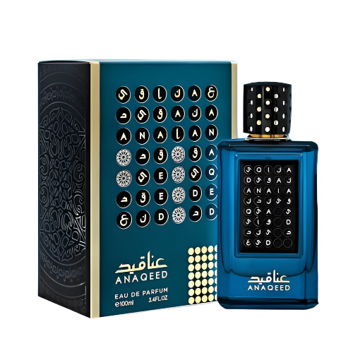 Fragrance World Anaqeed Eau de Parfum teal blue 3.4 oz bottle with patterned panel and packaging box front view