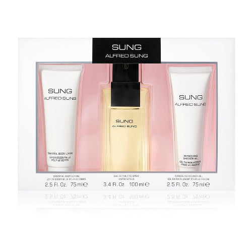 Alfred Sung three piece gift set with cologne bottle and two body lotions in pink and gold packaging