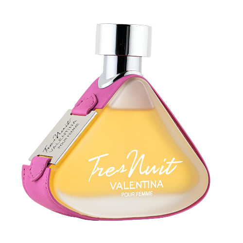 Armaf Tres Nuit Valentina bottle with golden liquid and pink leather-look wrap detail