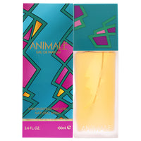 Animale Eau De Parfum bottle and box with teal geometric design and yellow fragrance liquid, 100ml.
