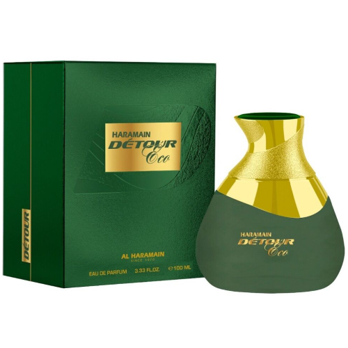 Al Haramain Detour Eco green eau de parfum bottle with gold cap and matching box