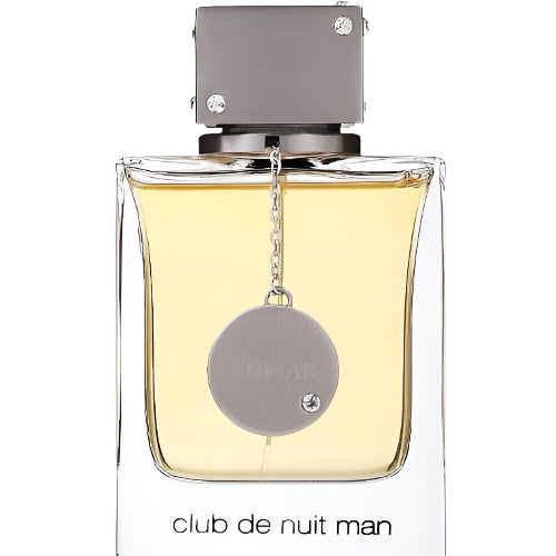 Armaf Club De Nuit eau de toilette bottle with pale yellow liquid and gray cap with dangling sphere charm