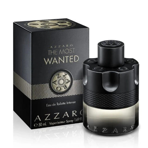Azzaro The Most Wanted Intense fragrance bottle with black box packaging displaying product details and 50ml size.