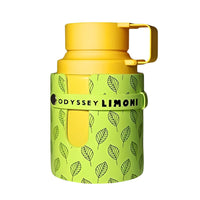Armaf Odyssey Limoni perfume bottle with yellow cap and green leaf-patterned band