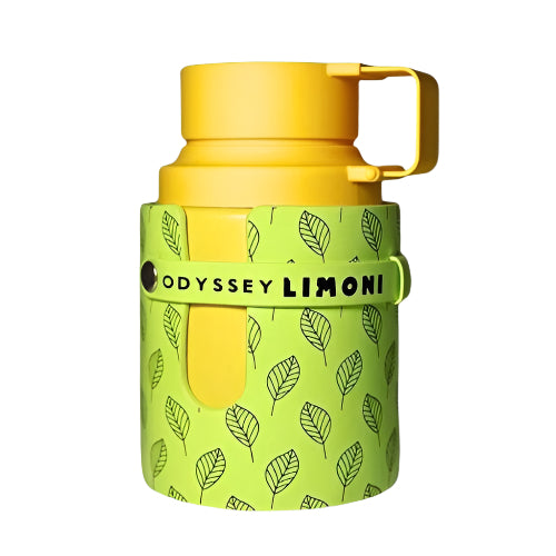 Armaf Odyssey Limoni perfume bottle with yellow cap and green leaf-patterned band