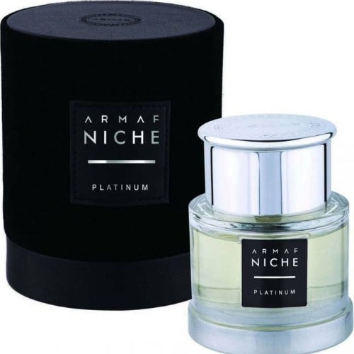 Armaf Niche Platinum fragrance bottle with chrome cap next to black cylindrical box