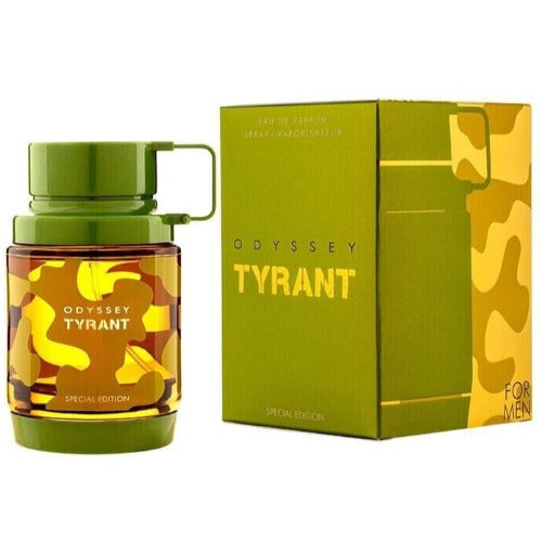 Armaf Odyssey Tyrant perfume bottle with green cap next to yellow and green box packaging