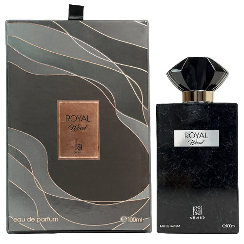 Ahmed Al Maghribi Royal Wood Eau De Parfum 3.4 Oz black bottle with packaging box front view