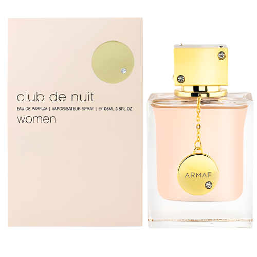 Armaf Club De Nuit women's eau de parfum bottle with box, peach liquid in clear glass with gold cap and charm.
