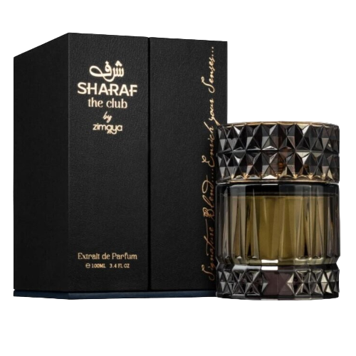 Afnan Zimaya Sharaf The Club perfume bottle with black geometric cap and box packaging