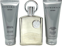 Afnan Supremacy silver fragrance bottle with energizing shower gel and soothing after shave balm