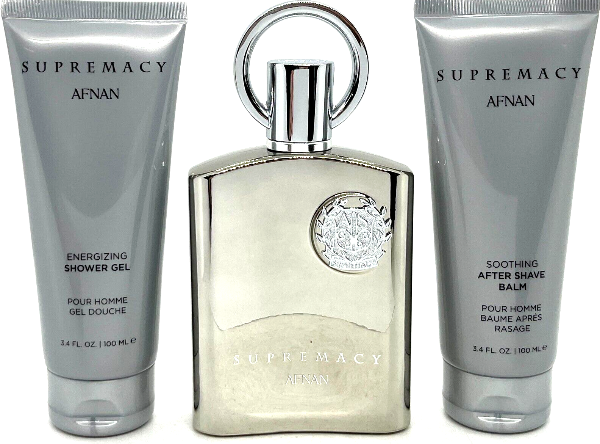 Afnan Supremacy silver fragrance bottle with energizing shower gel and soothing after shave balm