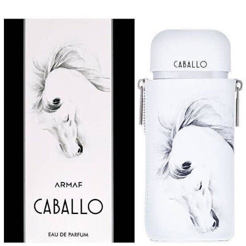 Armaf Caballo Eau De Parfum bottle and box with horse head sketch illustration on white background