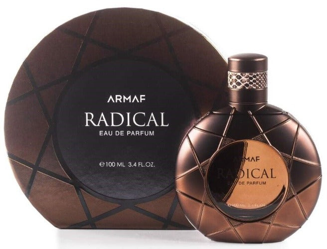 Armaf Radical brown eau de parfum bottle with matching quilted box packaging