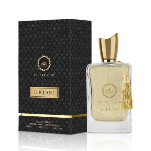 Paris Corner Killer Oud Jubilant Eau de Parfum 3.4 oz transparent bottle with packaging box front view