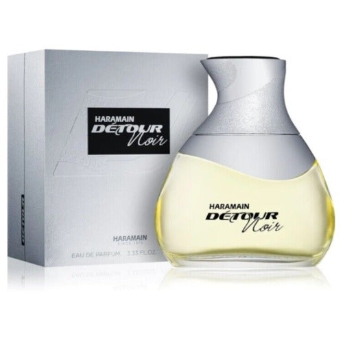 Al Haramain Detour Noir eau de parfum bottle with silver cap and box packaging