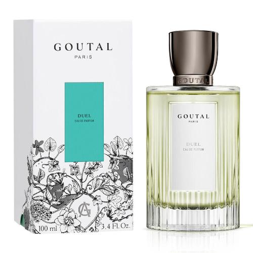 Annick Goutal Duel Eau De Parfum box and bottle with turquoise label and pale yellow fragrance liquid