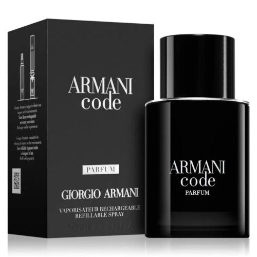 Armani Code Parfum bottle in black glass with matching black box packaging displayed together.
