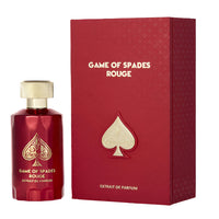 Jo Milano Game Of Spades Rouge Extrait de Parfum 3.4 oz red bottle with gold spade design and packaging box front view
