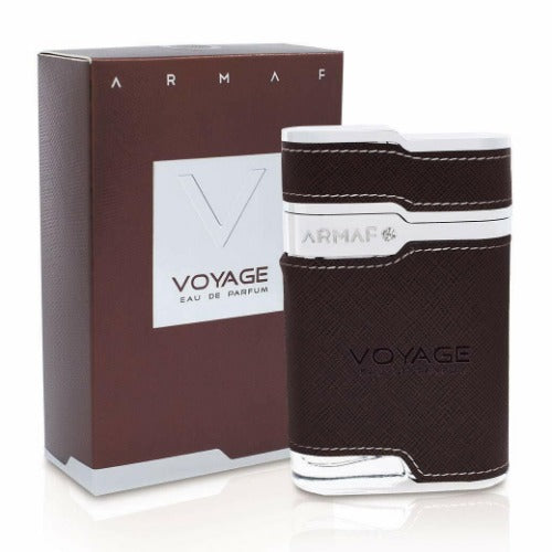 Armaf Voyage brown eau de parfum bottle with box packaging displayed together