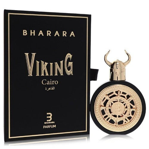 Bharara Viking Cairo Eau De Parfum bottle with horned cap next to black and gold box