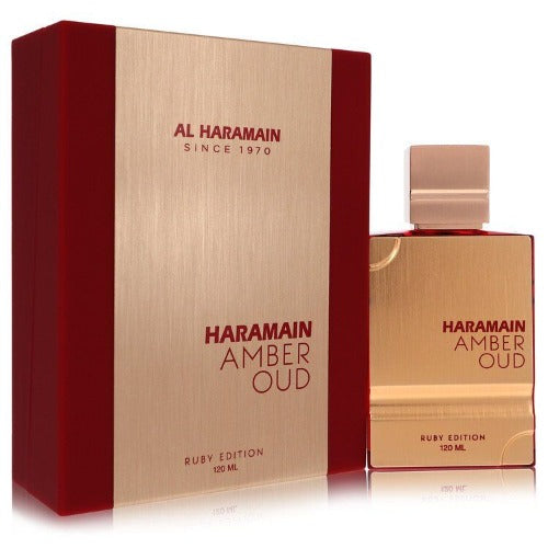 Al Haramain Amber Oud Ruby Edition perfume bottle with red and wood-grain box packaging