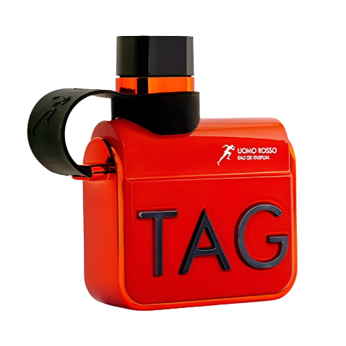Red square fragrance bottle with black cap and adjustable wrist strap