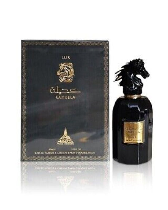 Paris Corner Kaheela Lux Eau de Parfum 2.8 oz luxury black bottle with horse shaped cap and packaging box front view