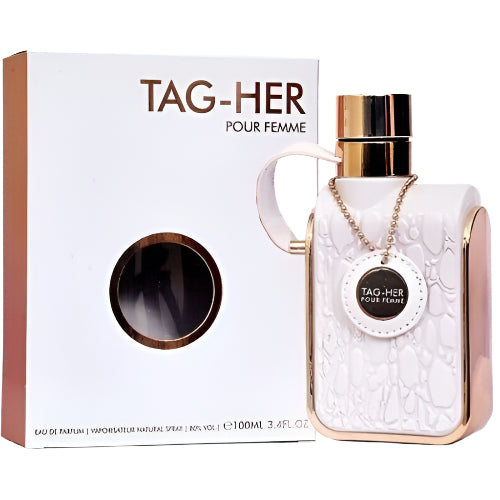 Armaf Tag Her Eau De Parfum box and white textured bottle with rose gold cap and chain pendant necklace.