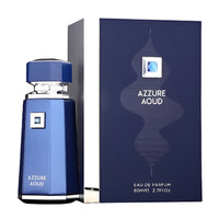 Fragrance World Azzure Aoud Eau De Parfum 3.4 Oz blue bottle with packaging box front view