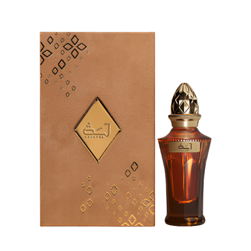 Ahmed Al Maghribi Aayah perfume bottle with tan geometric patterned box