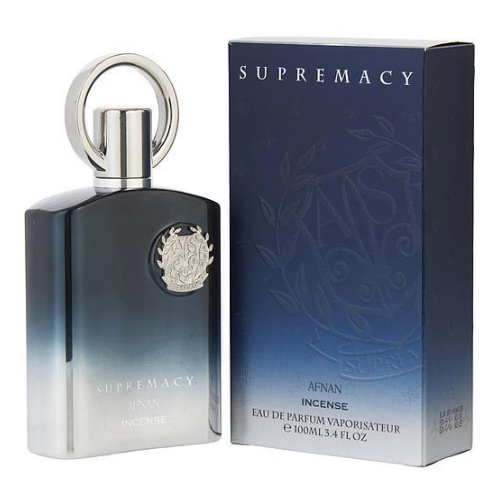 Afnan Supremacy Incense eau de parfum bottle with dark gradient glass and silver cap next to navy packaging box