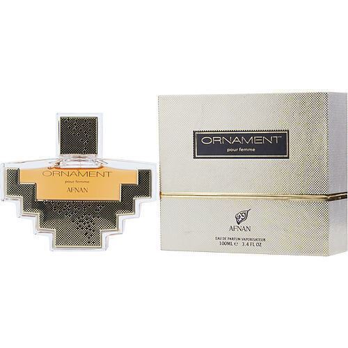 Afnan Ornament Pour Femme perfume bottle with geometric black and gold design next to white retail box