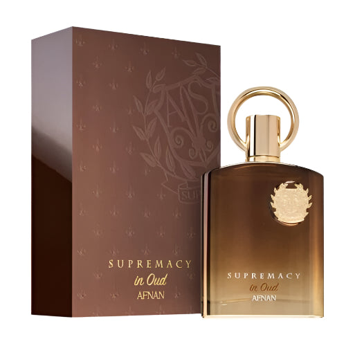 Afnan Supremacy In Oud eau de parfum bottle with gold cap next to brown box