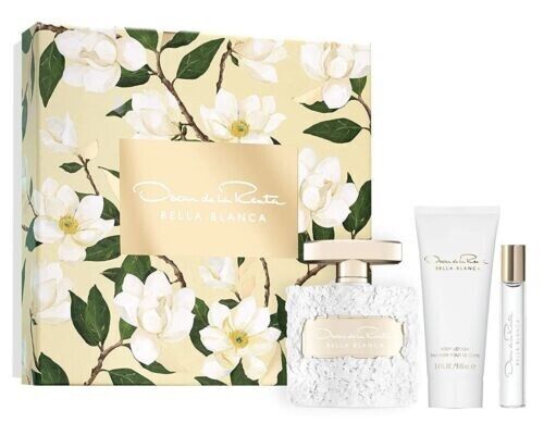 Oscar De La Renta Bella Blanca 3 piece gift set with perfume bottle, body lotion, travel spray and packaging box front view