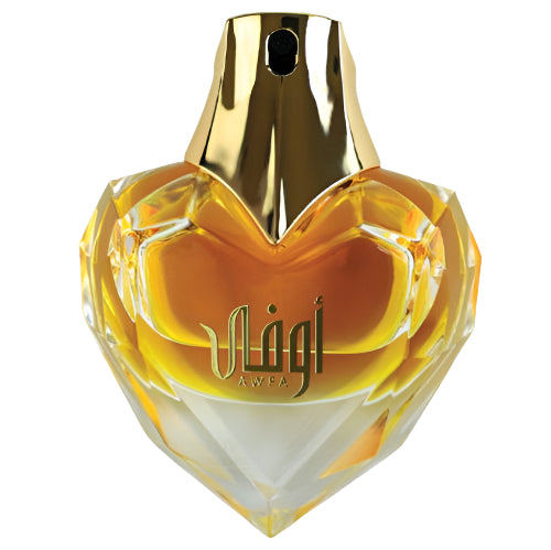 Ahmed Al Maghribi Awfa heart-shaped golden perfume bottle with gold atomizer