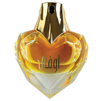 Ahmed Al Maghribi Awfa heart-shaped golden perfume bottle with gold atomizer