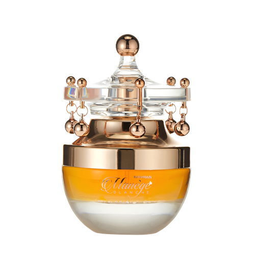 Al Haramain Manege Blanche fragrance bottle with rose gold crown top and frosted glass base