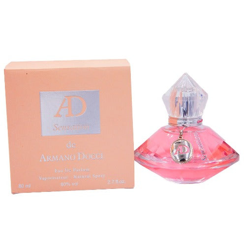 Ad Sensation perfume bottle in pink with peach box packaging