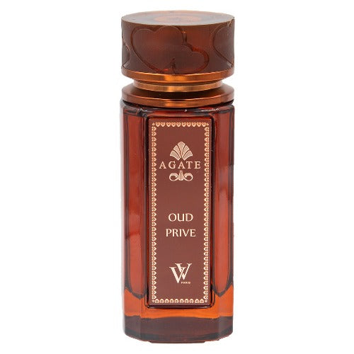Agate Oud Privie amber glass bottle with brown label and gold lettering