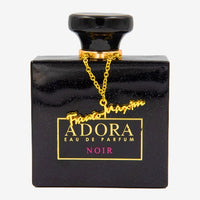 Adora Noir black square perfume bottle with gold chain and black cap