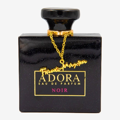 Adora Noir black square perfume bottle with gold chain and black cap