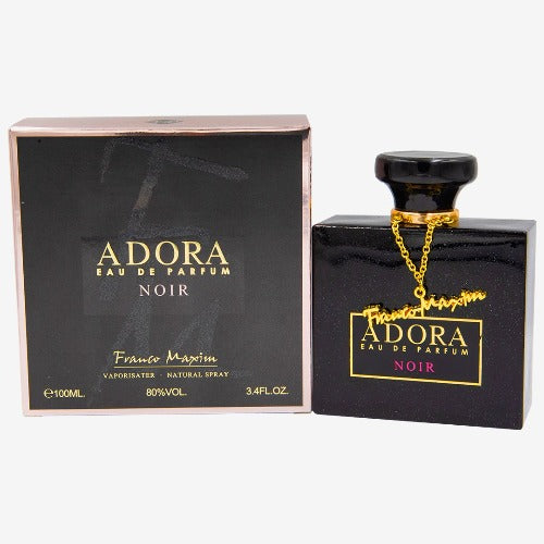 Adora Noir box and black square perfume bottle with gold chain and cap displayed together