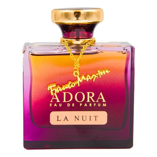 Adora La Nuit Eau De Parfum bottle with gradient pink to magenta liquid, gold cap and chain detail
