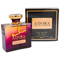 Adora La Nuit perfume bottle and packaging displayed together at angle