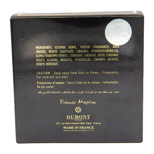 Black Dumont fragrance box with gold text and circular seal detail, back view showing ingredients and French branding.