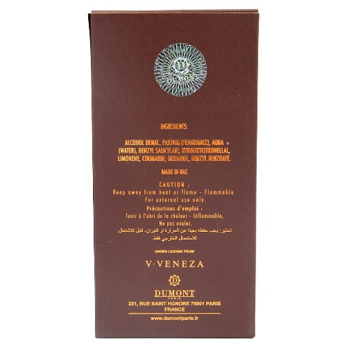 Agate Oud Privie box back with ingredients list and caution text in gold lettering