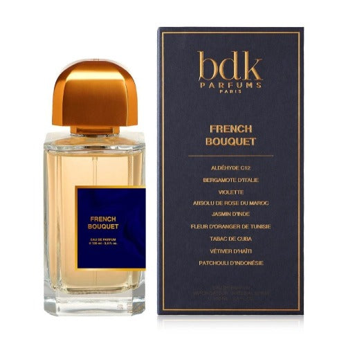 BDK French Bouquet eau de parfum bottle with gold cap next to navy box with gold text