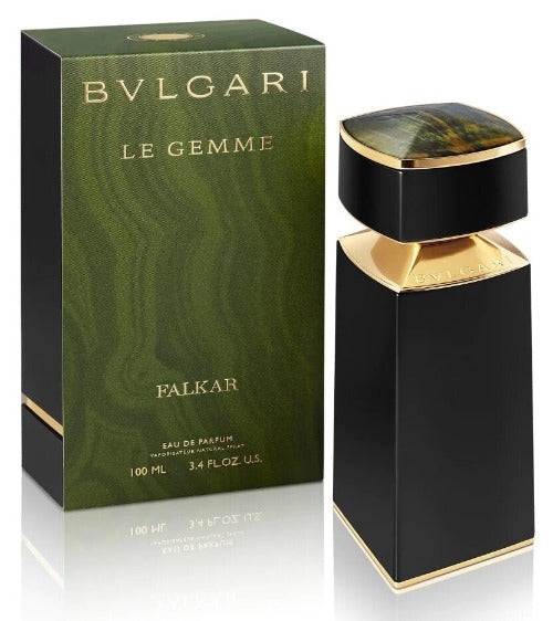Bvlgari Le Gemme Falkar Eau de Parfum 3.4 oz  black bottle with packaging box front view